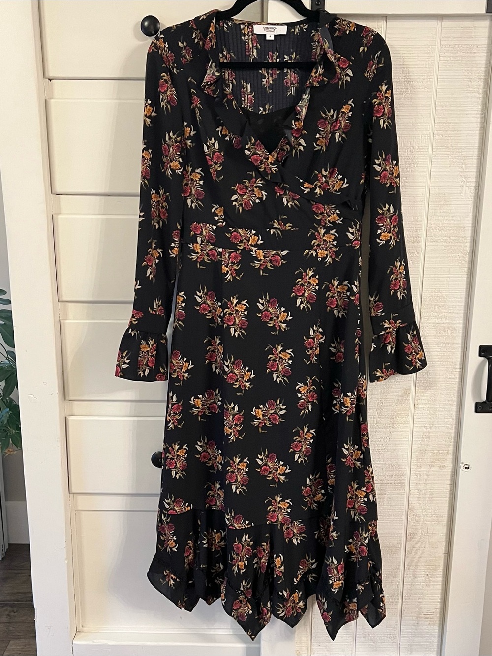 Women's Floral Wrap Midi Dress - Black with Red Floral